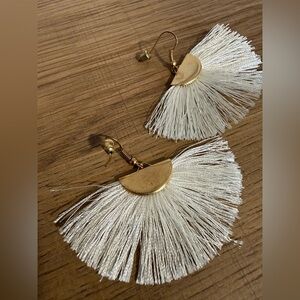 Gold & White Fan Tassel Fringe Statement Earrings